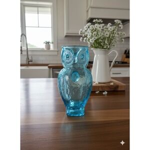 Vintage Kanawha Ice Blue Hand Blown Glass Owl Pitcher 8.5" EUC Rare